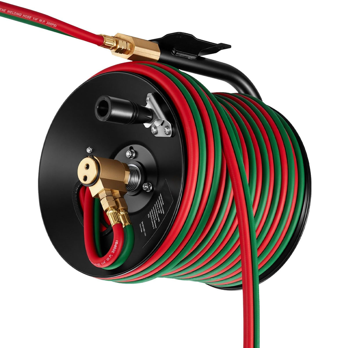 Retractable Welding Hose Reel, Hand Crank Manual Rewind Hose Reel with 1/4 Inch x 100FT Twin Oxygen Acetylene Rubber Hose Max 300PSI - T Grade, Ceiling/Wall Mount Steel Reel for Workshop Garages