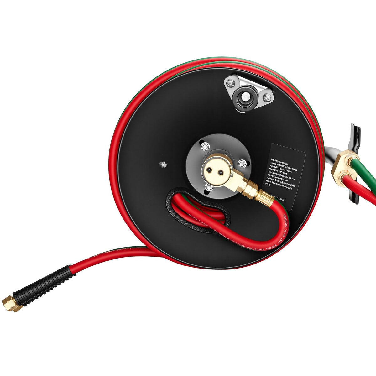 Retractable Welding Hose Reel, Hand Crank Manual Rewind Hose Reel with 1/4 Inch x 100FT Twin Oxygen Acetylene Rubber Hose Max 300PSI - T Grade, Ceiling/Wall Mount Steel Reel for Workshop Garages