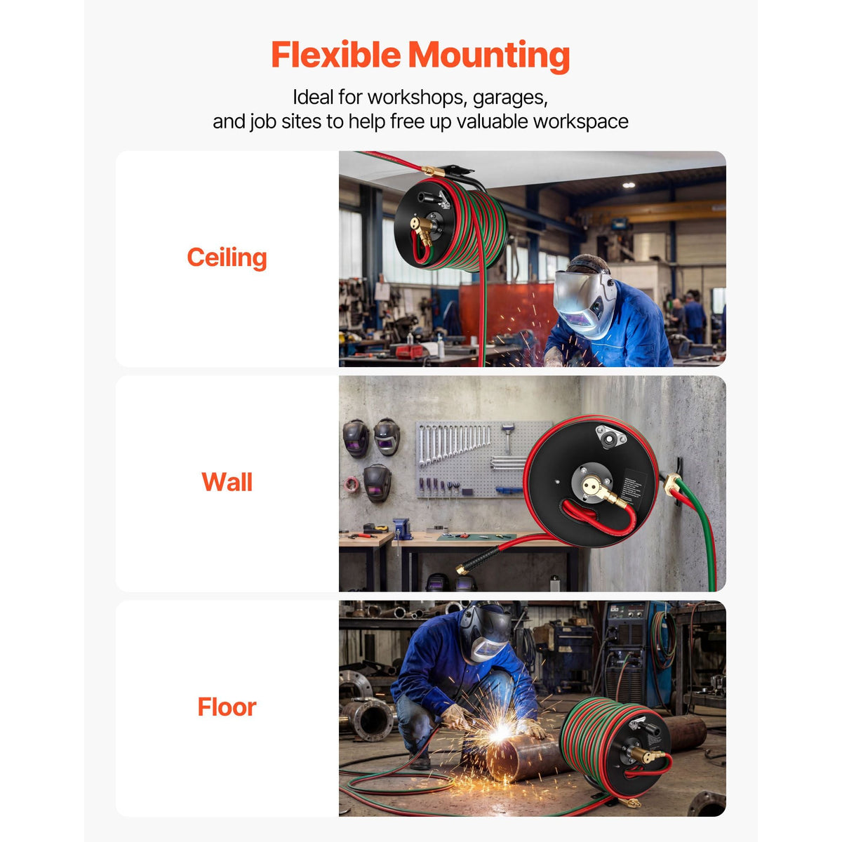 Retractable Welding Hose Reel, Hand Crank Manual Rewind Hose Reel with 1/4 Inch x 100FT Twin Oxygen Acetylene Rubber Hose Max 300PSI - T Grade, Ceiling/Wall Mount Steel Reel for Workshop Garages