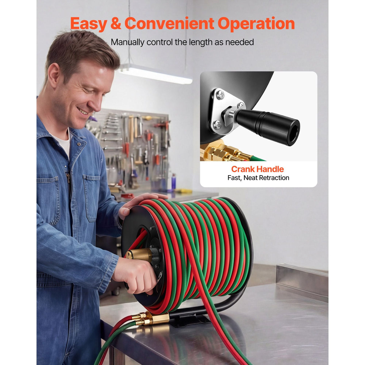 Retractable Welding Hose Reel, Hand Crank Manual Rewind Hose Reel with 1/4 Inch x 100FT Twin Oxygen Acetylene Rubber Hose Max 300PSI - T Grade, Ceiling/Wall Mount Steel Reel for Workshop Garages