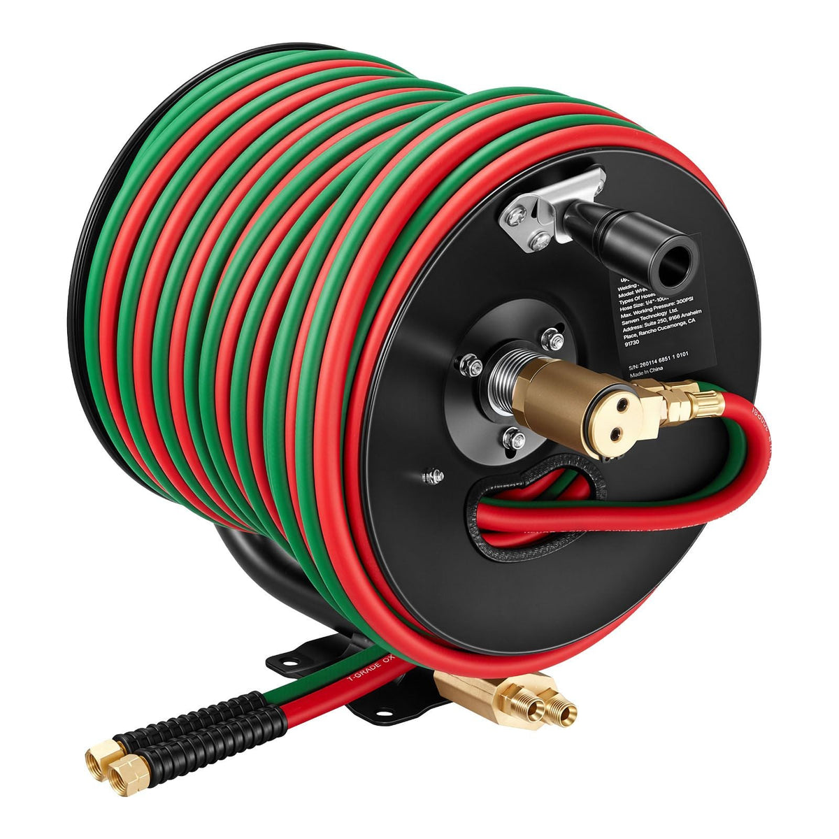 Retractable Welding Hose Reel, Hand Crank Manual Rewind Hose Reel with 1/4 Inch x 100FT Twin Oxygen Acetylene Rubber Hose Max 300PSI - T Grade, Ceiling/Wall Mount Steel Reel for Workshop Garages