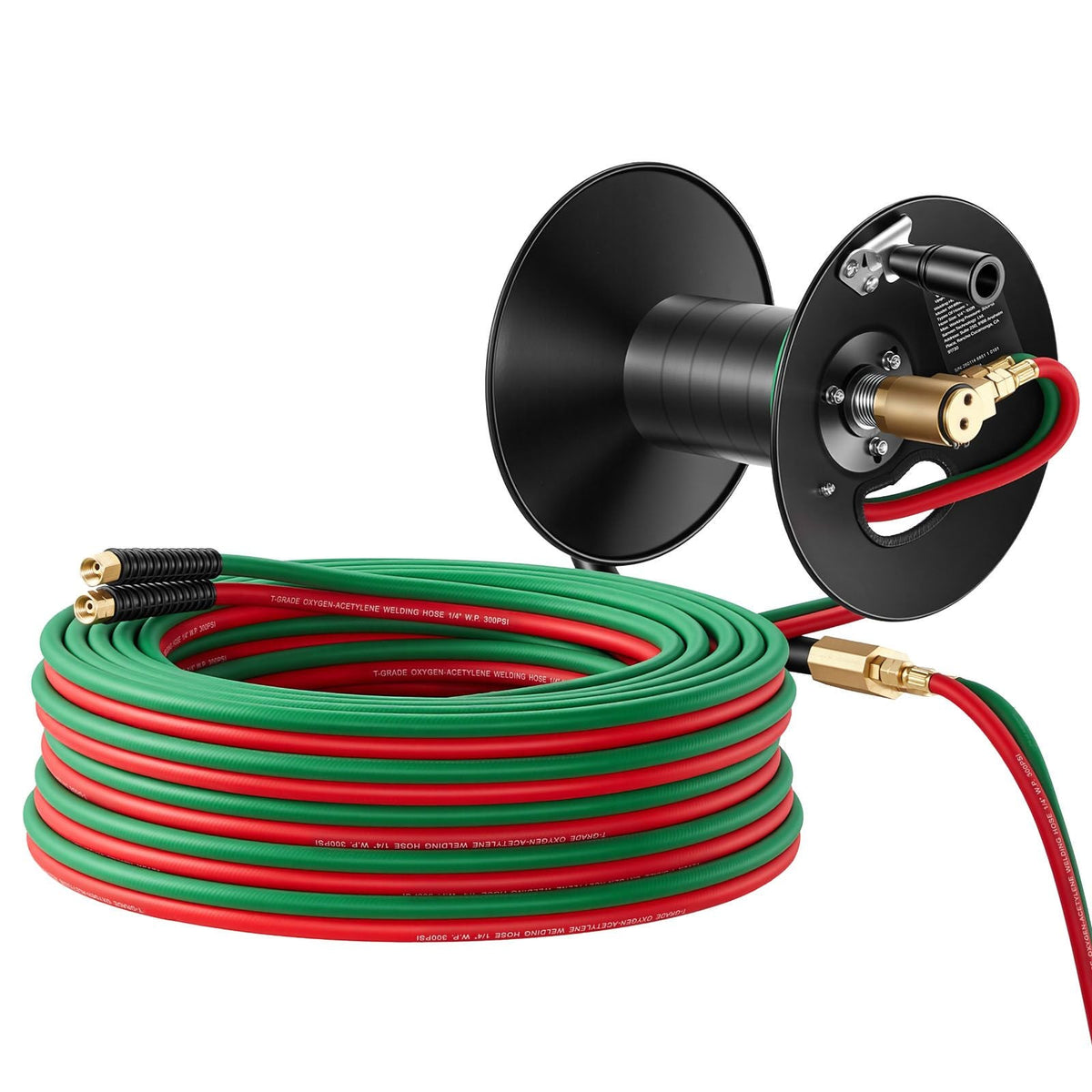 Retractable Welding Hose Reel, Hand Crank Manual Rewind Hose Reel with 1/4 Inch x 100FT Twin Oxygen Acetylene Rubber Hose Max 300PSI - T Grade, Ceiling/Wall Mount Steel Reel for Workshop Garages