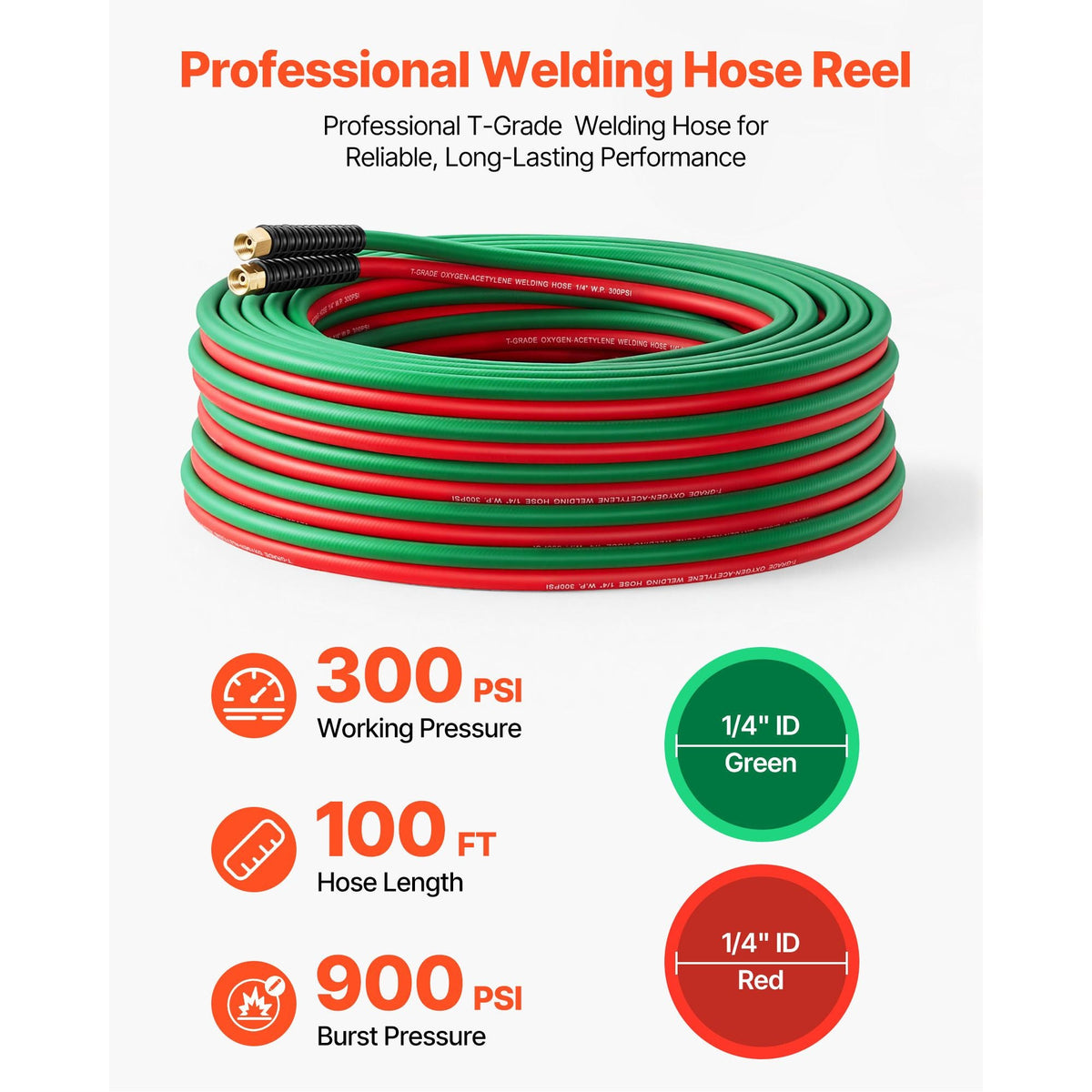 Retractable Welding Hose Reel, Hand Crank Manual Rewind Hose Reel with 1/4 Inch x 100FT Twin Oxygen Acetylene Rubber Hose Max 300PSI - T Grade, Ceiling/Wall Mount Steel Reel for Workshop Garages