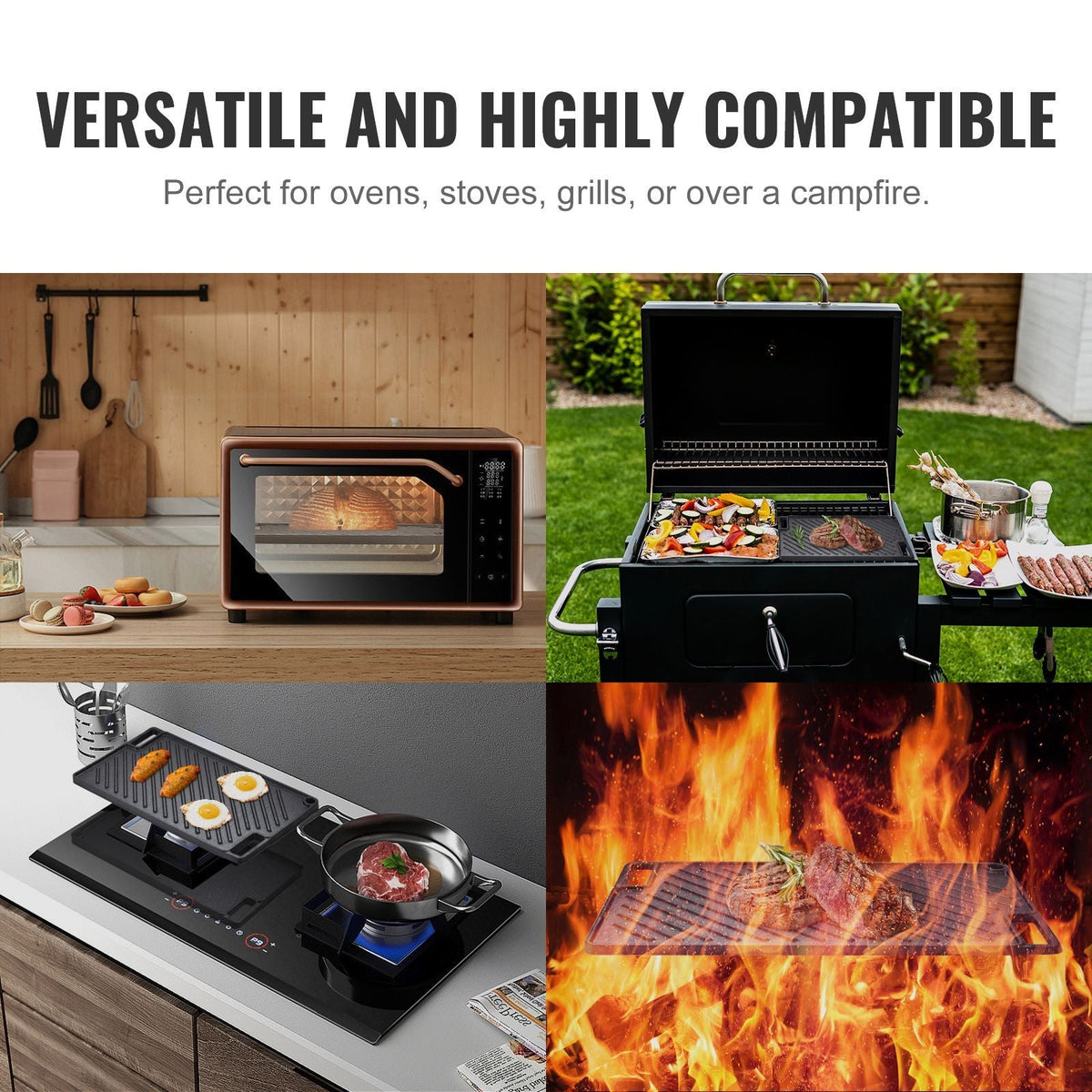 Reversible Grill/Griddle, 9.7"x16.7" Pre-Seasoned Cast Iron Griddle, Rectangular Double Burner Griddle Pan, Non-Stick Family Pan Cookware with Handles, Flat Top Plate for BBQ, Gas Grill, Black