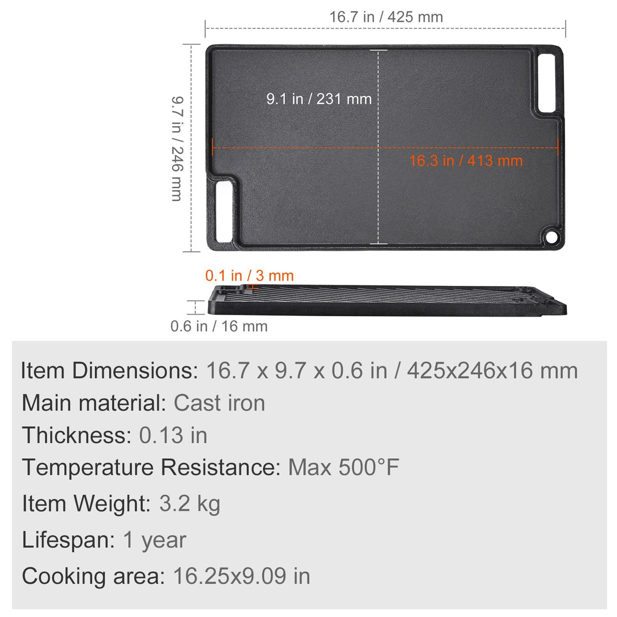 Reversible Grill/Griddle, 9.7"x16.7" Pre-Seasoned Cast Iron Griddle, Rectangular Double Burner Griddle Pan, Non-Stick Family Pan Cookware with Handles, Flat Top Plate for BBQ, Gas Grill, Black