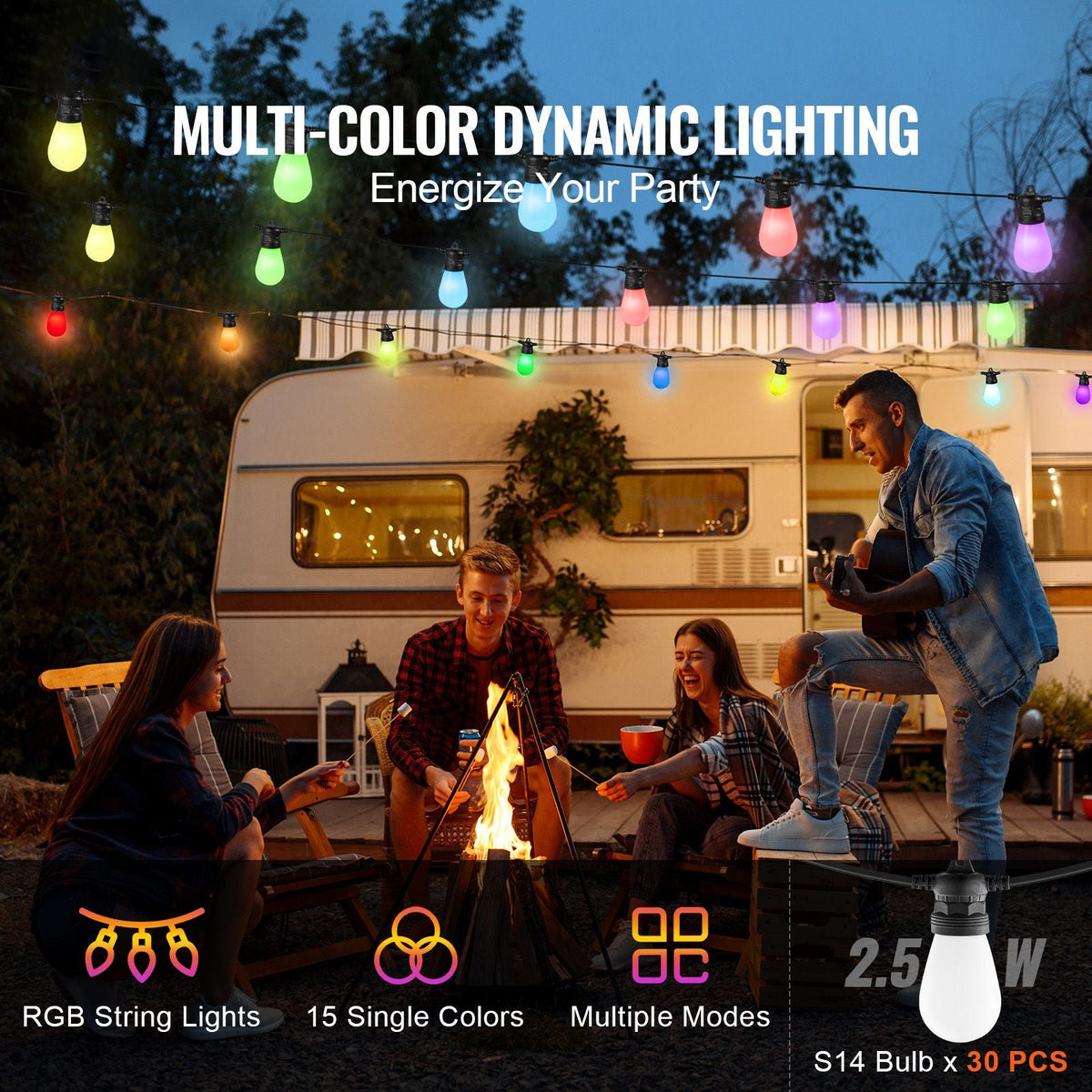 RGB Outdoor String Lights, 100FT, Outside Patio Lights with APP Control 30 Bulbs, 15 Single-Color Adjustable Brightness Time Setting, Waterproof Hanging Lights for Halloween Decoration Christmas