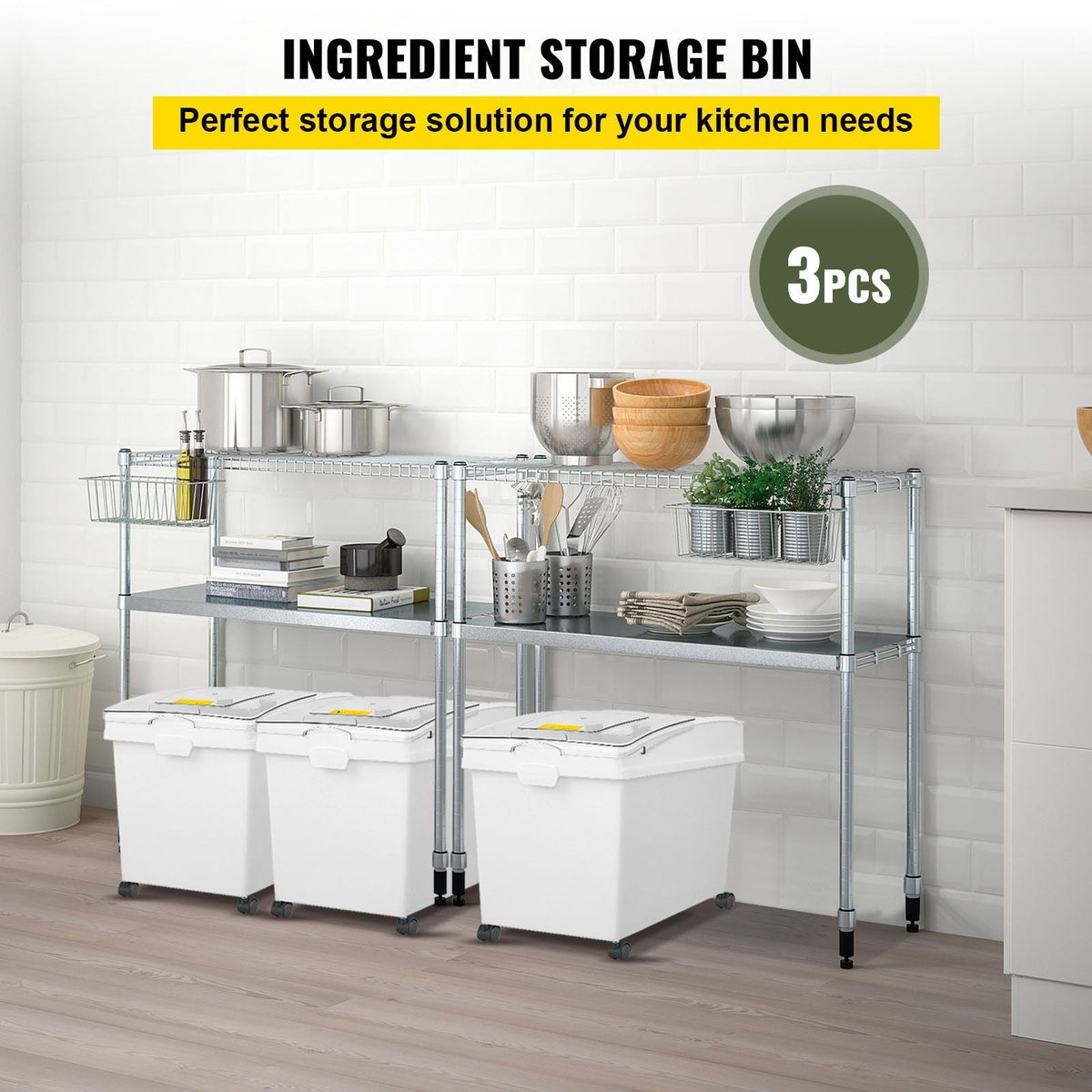 Rice Storage Container, 10.5Gallon/40L x3 Capacity Large Dog Food Dispenser Bin, Kitchen Ingredient Grain Cereal Flour Bin, Pet food Containers with Wheels, 3 Scoops, and Airtight Lid, 3 Pack