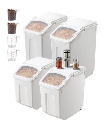 Rice Storage Container, 3.5Gal/15Lx2 + 4.5Gal/20Lx2 Large Dog Food Dispenser Bin, Kitchen Ingredient Grain Cereal Bin, Pet food Containers with Wheels, 4 Measuring Cups, Airtight Lid, 4 Pack
