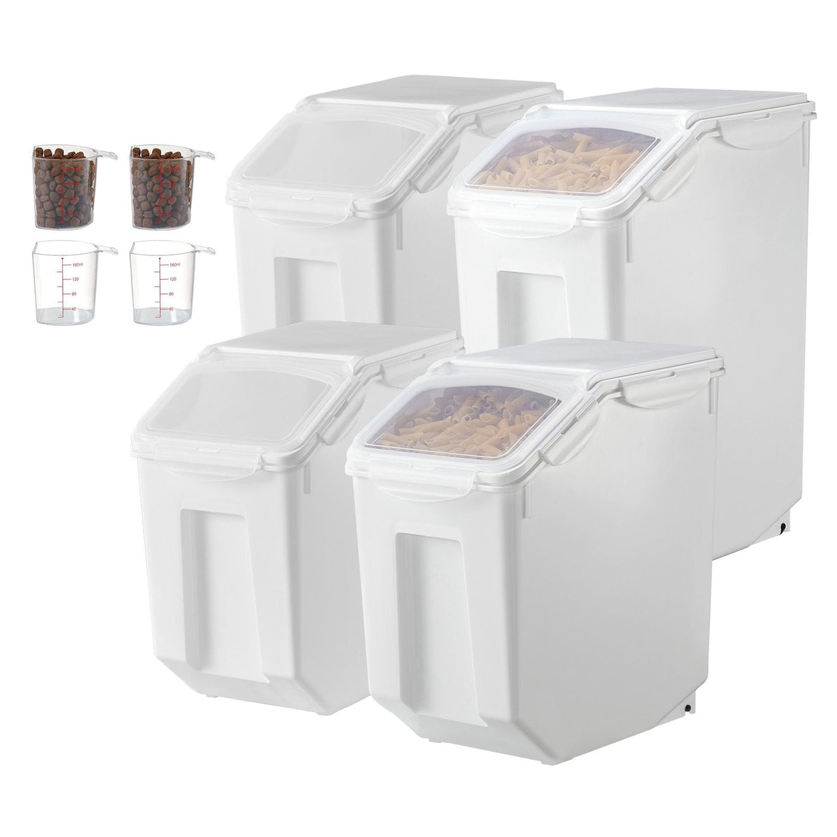 Rice Storage Container, 3.5Gal/15Lx2 + 4.5Gal/20Lx2 Large Dog Food Dispenser Bin, Kitchen Ingredient Grain Cereal Bin, Pet food Containers with Wheels, 4 Measuring Cups, Airtight Lid, 4 Pack