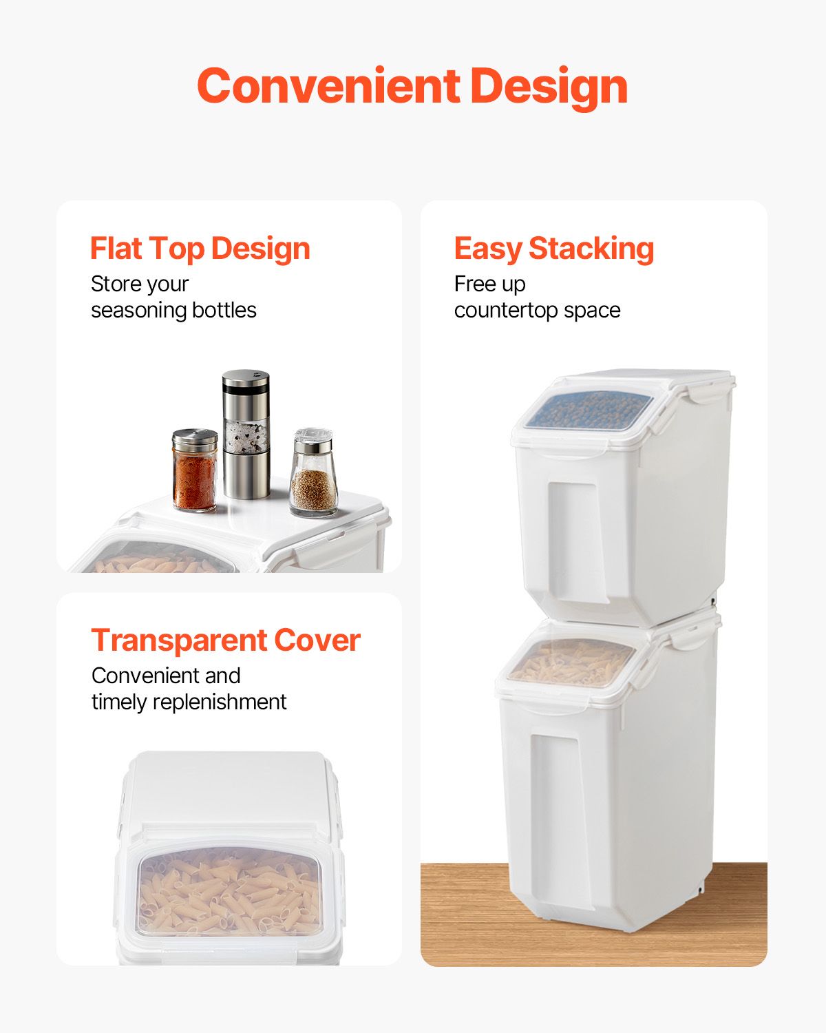 Rice Storage Container, 3.5Gal/15Lx2 + 4.5Gal/20Lx2 Large Dog Food Dispenser Bin, Kitchen Ingredient Grain Cereal Bin, Pet food Containers with Wheels, 4 Measuring Cups, Airtight Lid, 4 Pack