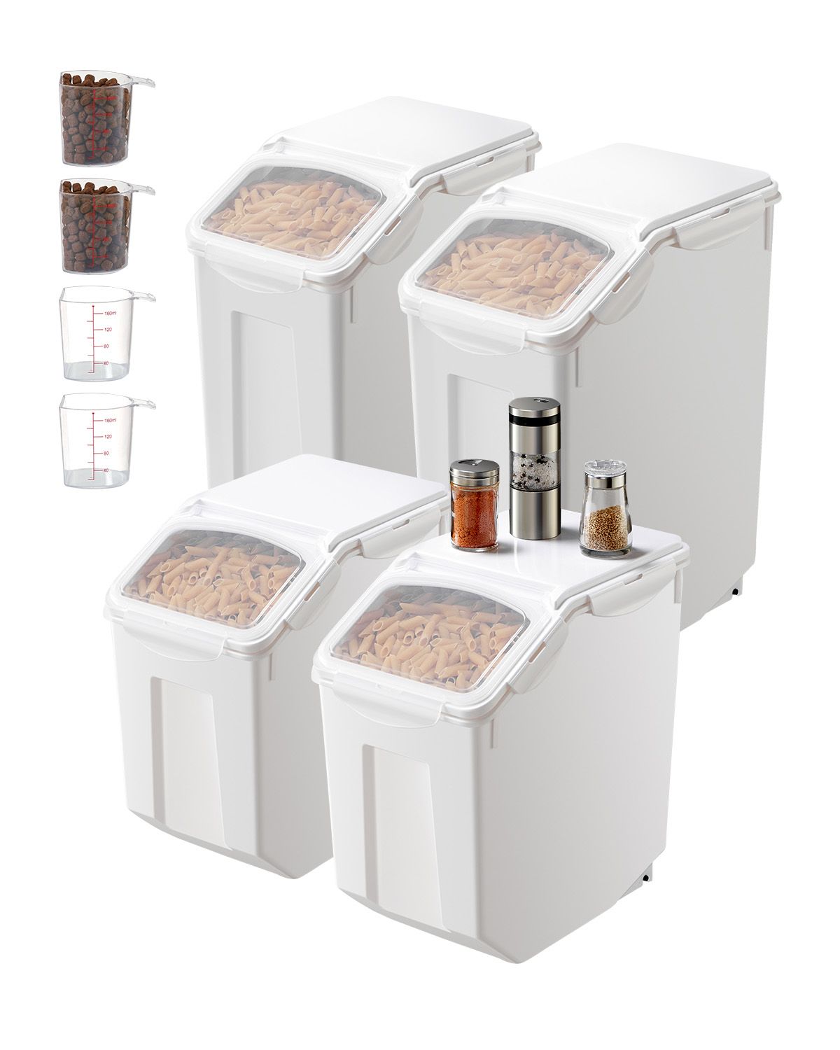 Rice Storage Container, 3.5Gal/15Lx2 + 4.5Gal/20Lx2 Large Dog Food Dispenser Bin, Kitchen Ingredient Grain Cereal Bin, Pet food Containers with Wheels, 4 Measuring Cups, Airtight Lid, 4 Pack