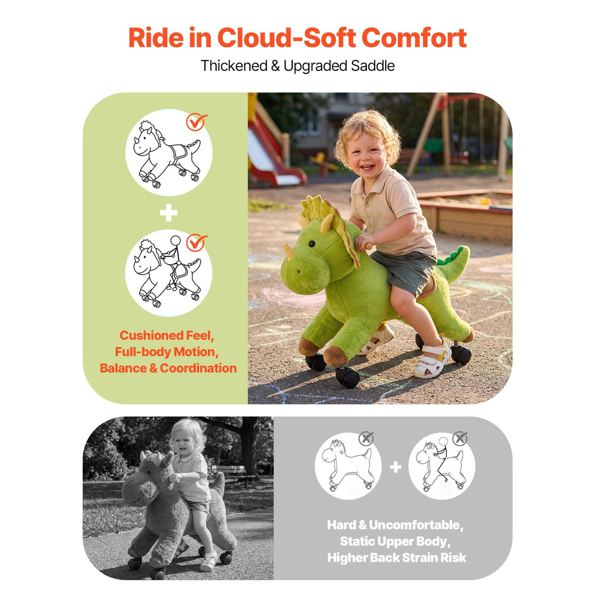 Ride On Horse, Riding Dinosaur Toys for Kids, Features Lifelike Dinosaur Roars, No Battery Required, 360-Degree Flexible Smooth Wheels, Soft Seat, 88 lbs Max Load Capacity for Toddlers Ages 3+