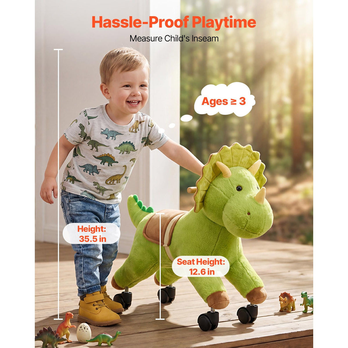 Ride On Horse, Riding Dinosaur Toys for Kids, Features Lifelike Dinosaur Roars, No Battery Required, 360-Degree Flexible Smooth Wheels, Soft Seat, 88 lbs Max Load Capacity for Toddlers Ages 3+