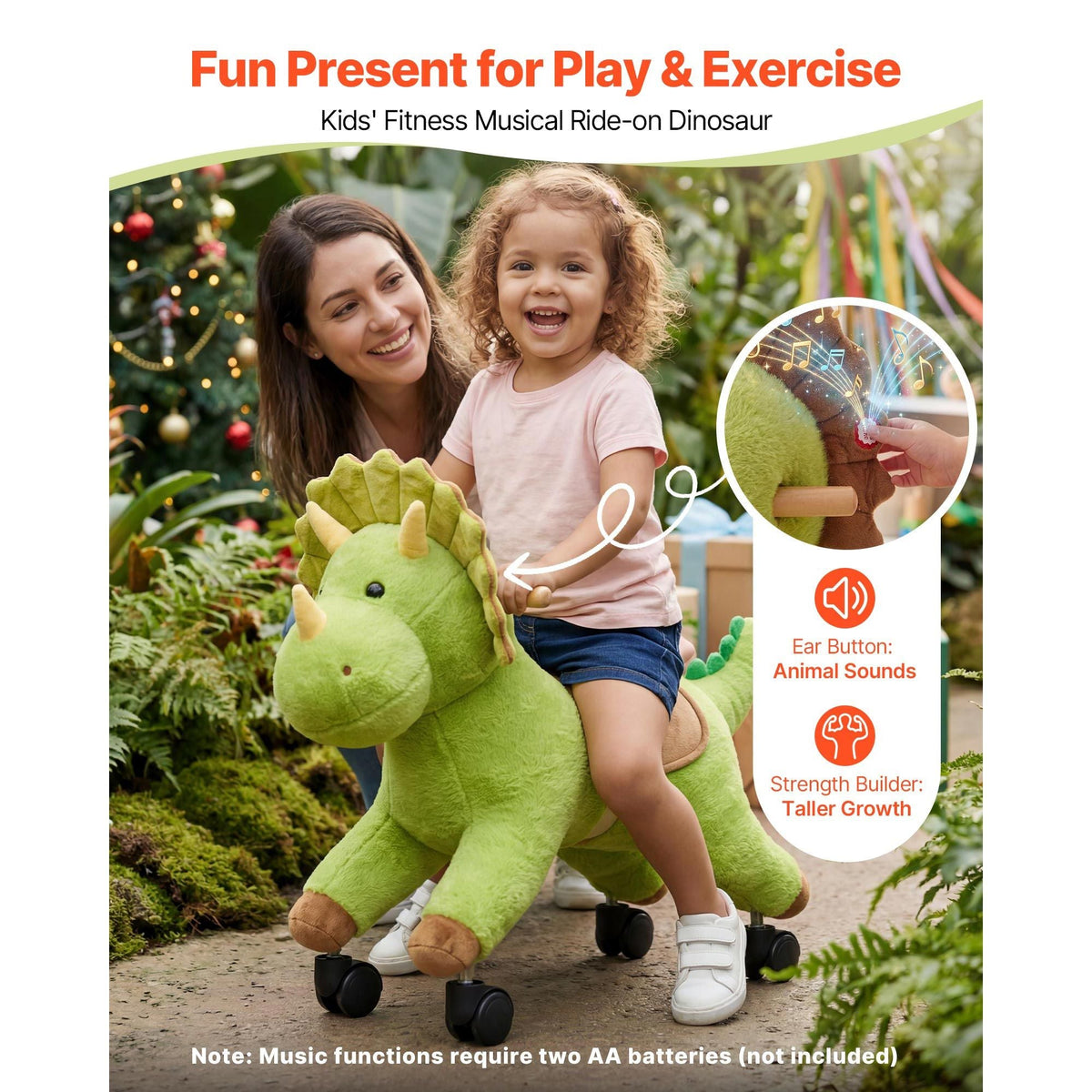 Ride On Horse, Riding Dinosaur Toys for Kids, Features Lifelike Dinosaur Roars, No Battery Required, 360-Degree Flexible Smooth Wheels, Soft Seat, 88 lbs Max Load Capacity for Toddlers Ages 3+
