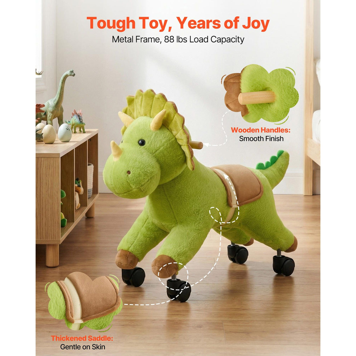 Ride On Horse, Riding Dinosaur Toys for Kids, Features Lifelike Dinosaur Roars, No Battery Required, 360-Degree Flexible Smooth Wheels, Soft Seat, 88 lbs Max Load Capacity for Toddlers Ages 3+