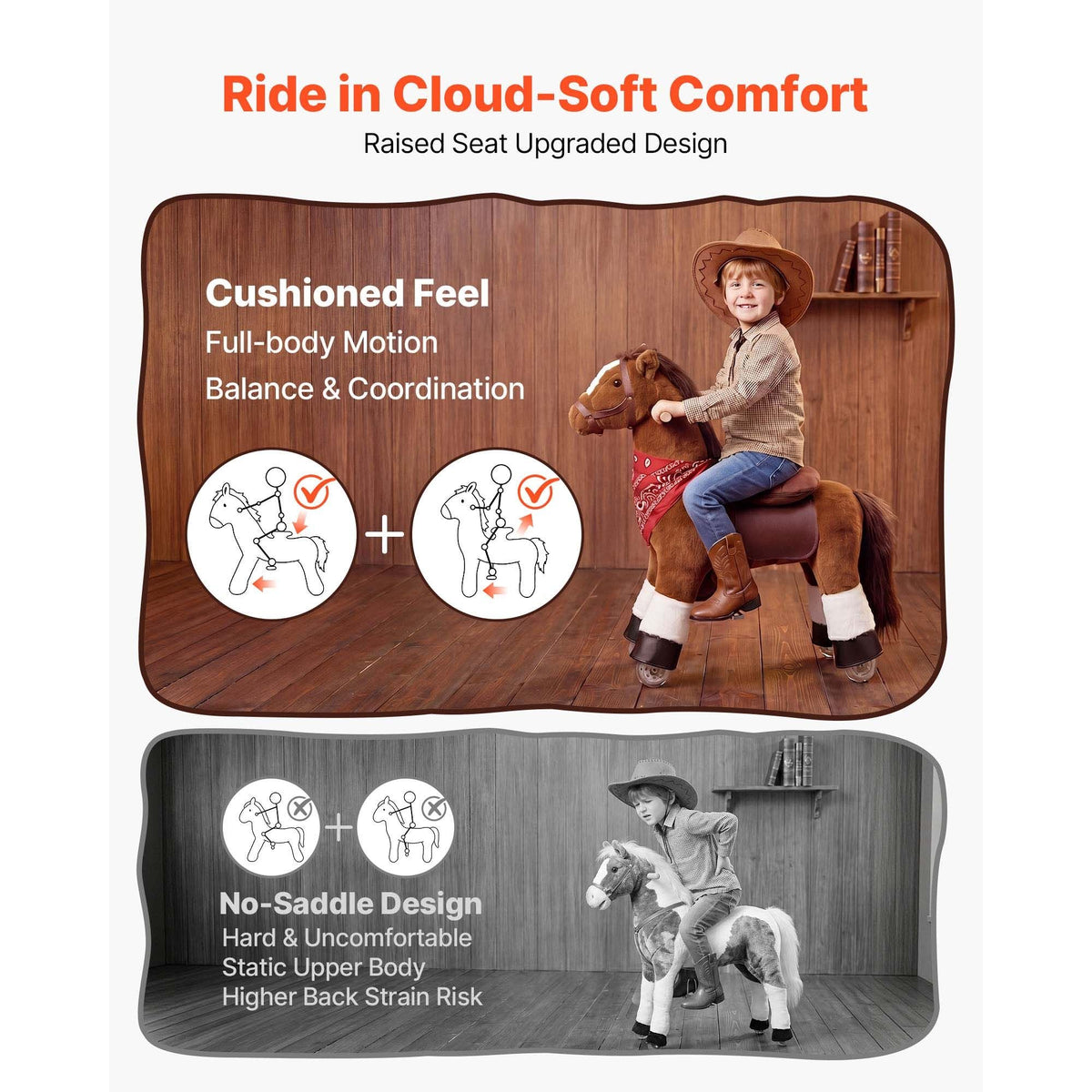 Ride On Horse, Riding Pony Toys for Kids, No Battery Required, Smooth Wheels with Anti-Roll Stop Ring, Upgraded Raised Seat, Handles, Pedals, 110 lbs Max Load Capacity for Ages 3-8