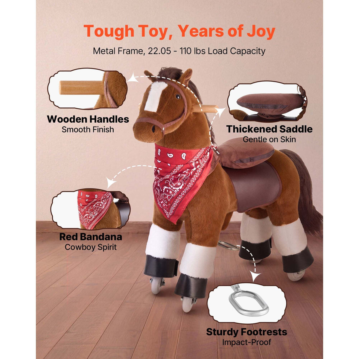 Ride On Horse, Riding Pony Toys for Kids, No Battery Required, Smooth Wheels with Anti-Roll Stop Ring, Upgraded Raised Seat, Handles, Pedals, 110 lbs Max Load Capacity for Ages 3-8