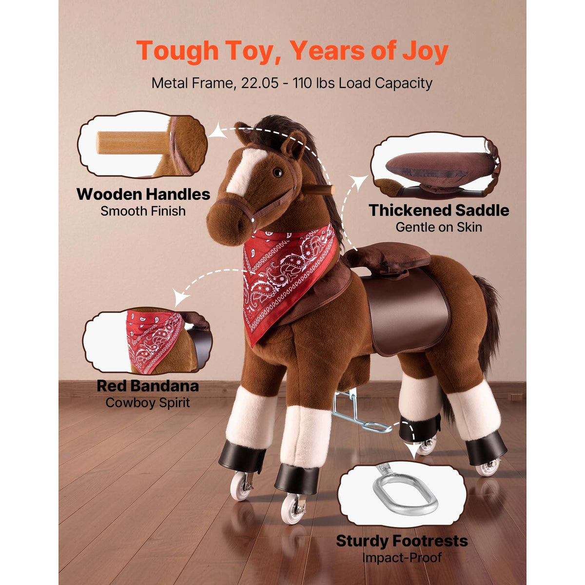 Ride On Horse, Riding Pony Toys for Kids, No Battery Required, Smooth Wheels with Anti-Roll Stop Ring, Upgraded Raised Seat, Handles, Sturdy Pedals, 176 lbs Max Load Capacity for Ages 6+