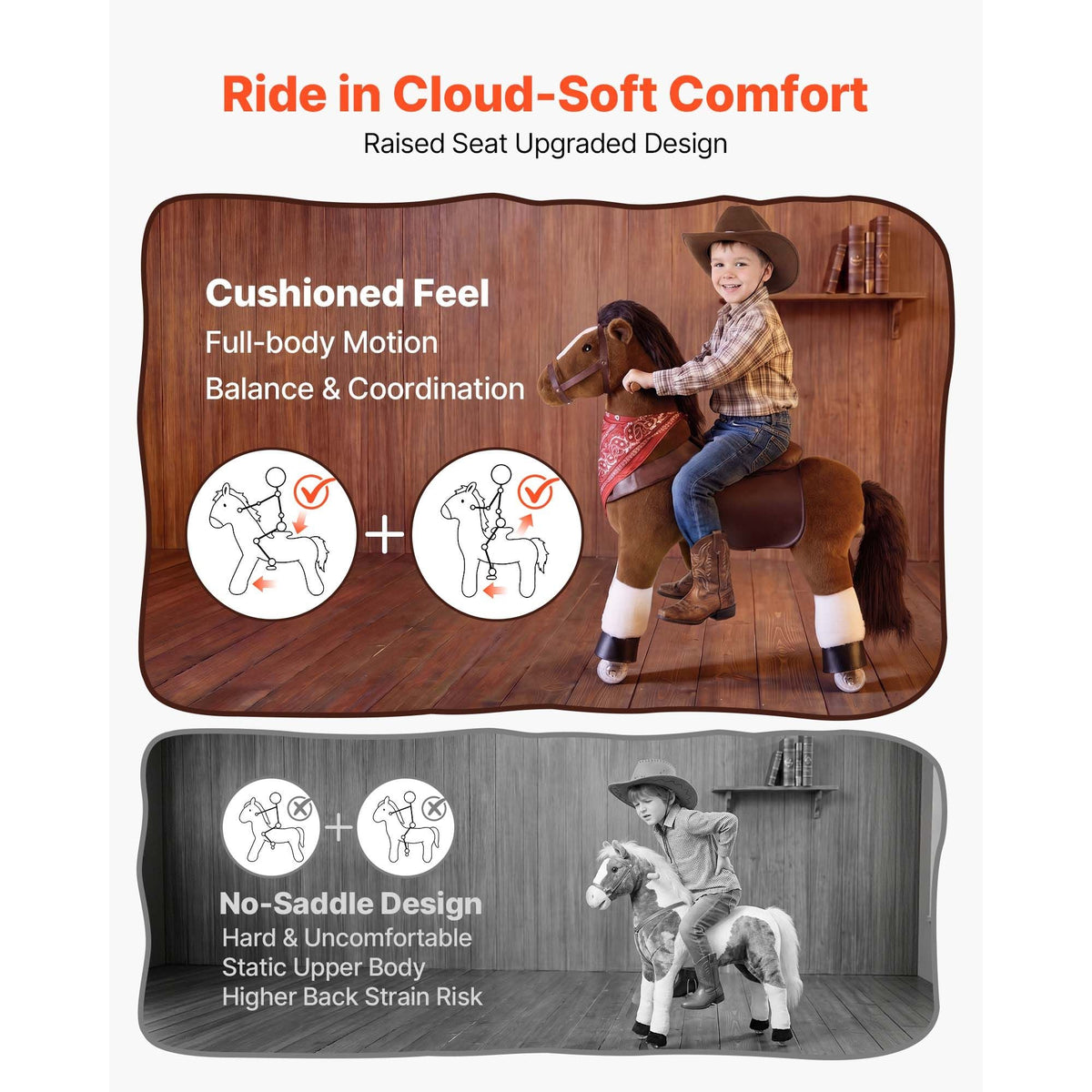 Ride On Horse, Riding Pony Toys for Kids, No Battery Required, Smooth Wheels with Anti-Roll Stop Ring, Upgraded Raised Seat, Handles, Sturdy Pedals, 176 lbs Max Load Capacity for Ages 6+