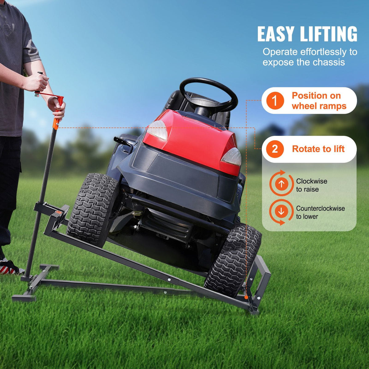 Ride on Lawn Mower Lift Jack, 880 Lbs Weight Capacity, Telescopic Maintenance Jack with Crank Handle & Power Tool Handle, Foldable Lawn Tractor Lifter for Lawn Mowers and Garden Tractors, Black