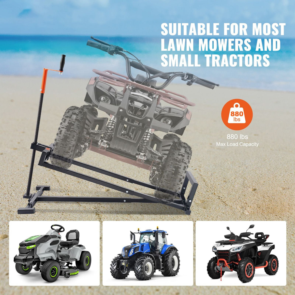 Ride on Lawn Mower Lift Jack, 880 Lbs Weight Capacity, Telescopic Maintenance Jack with Crank Handle & Power Tool Handle, Foldable Lawn Tractor Lifter for Lawn Mowers and Garden Tractors, Black