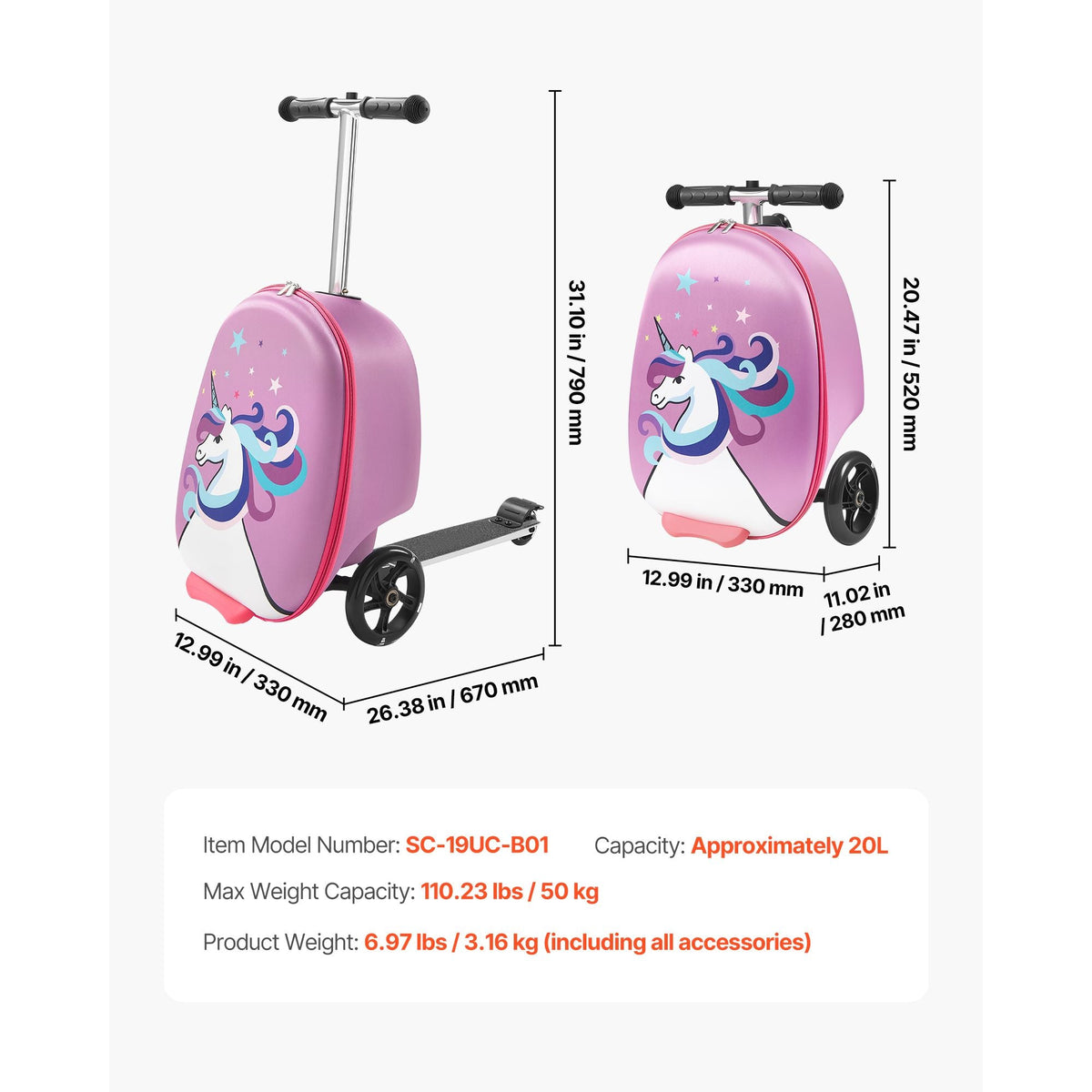 Ride-on Luggage, 20 L Capacity, 20 Inches Kids Scooter Suitcase with Flash PU Wheels, Adjustable Handle & TPR Non-Slip Grip, Foldable & Lightweight Scooter Luggage for Kids Aged 5+, Purple
