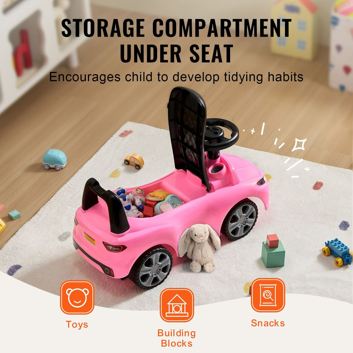 Ride On Push Car for Toddlers, Ages 1-3, Ride Racer, Sit to Stand Toddler Ride On Toy, Classic Kids Ride On Car with Music Steering Wheel & Under Seat Storage, Ride On Toy for Boys Girls, Pink