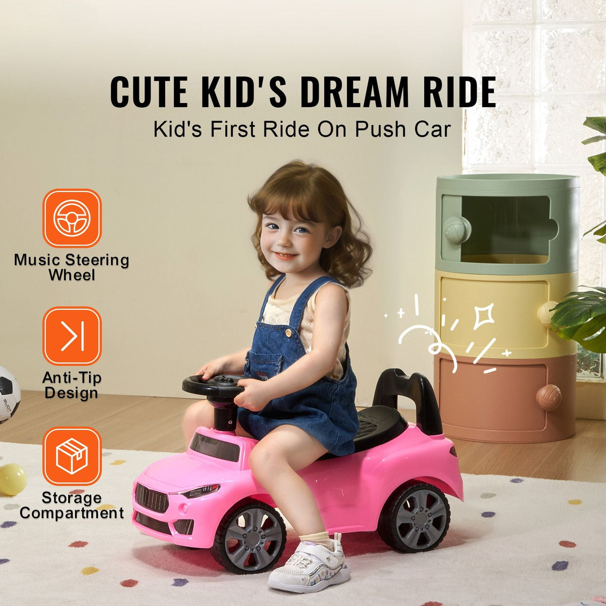 Ride On Push Car for Toddlers, Ages 1-3, Ride Racer, Sit to Stand Toddler Ride On Toy, Classic Kids Ride On Car with Music Steering Wheel & Under Seat Storage, Ride On Toy for Boys Girls, Pink
