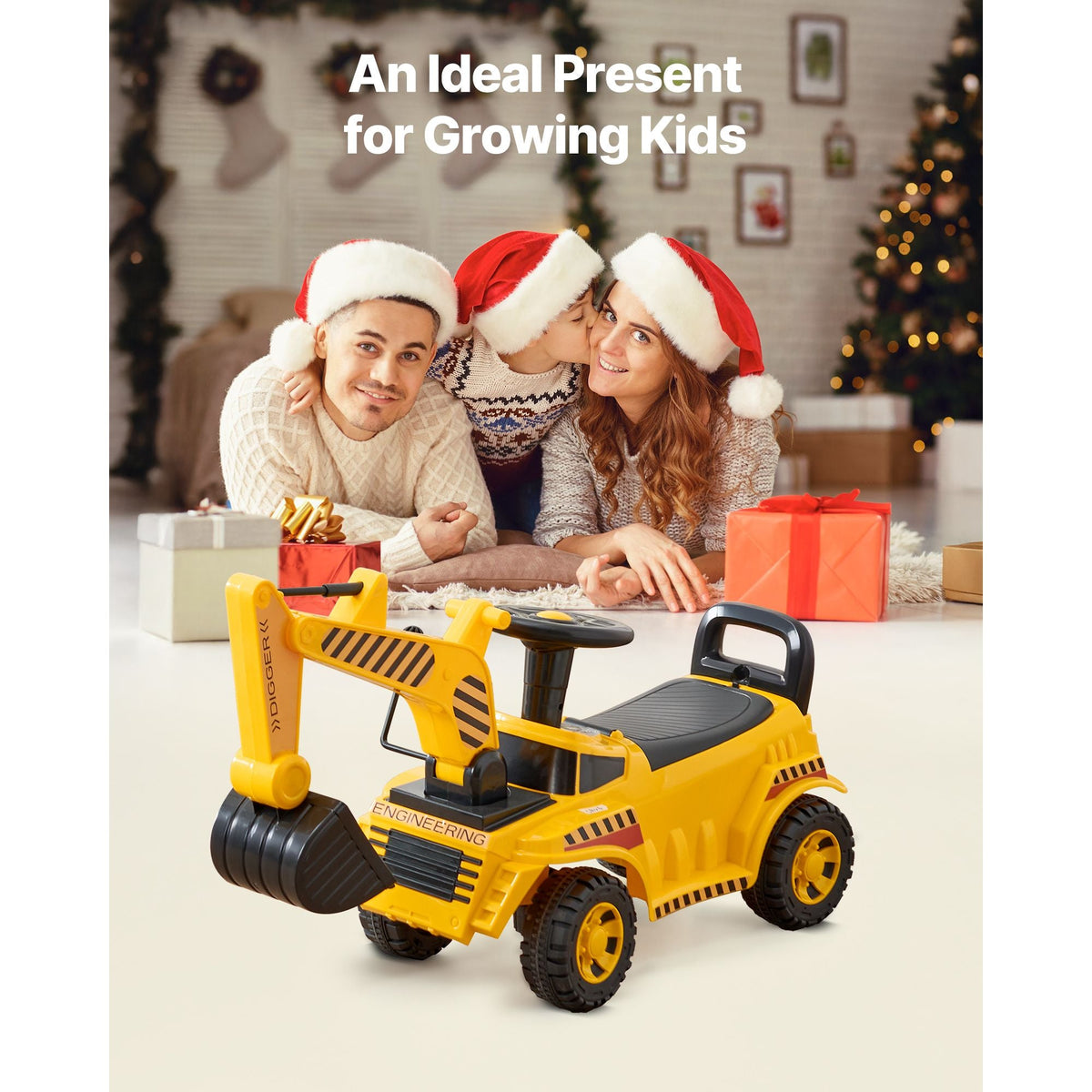 Ride On Toddler Car, Push Car for Toddler 19 to 36 Months, Excavator Digger Toy with Helmet & Music, 55 lbs Load Capacity, Foot-to-Floor Walker for Kids, Yellow