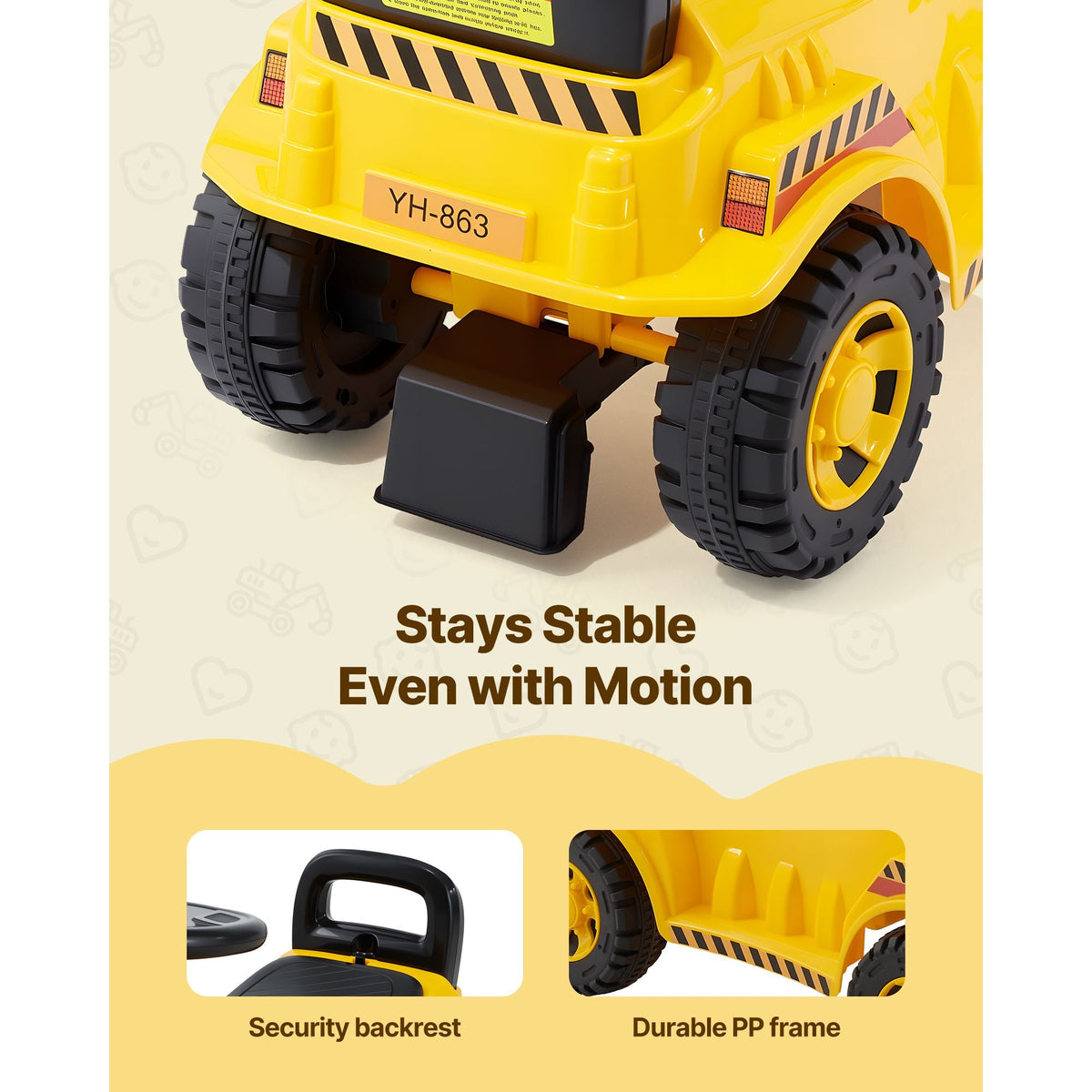 Ride On Toddler Car, Push Car for Toddler 19 to 36 Months, Excavator Digger Toy with Helmet & Music, 55 lbs Load Capacity, Foot-to-Floor Walker for Kids, Yellow