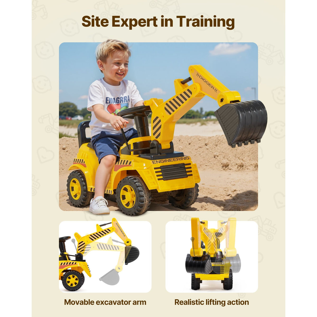 Ride On Toddler Car, Push Car for Toddler 19 to 36 Months, Excavator Digger Toy with Helmet & Music, 55 lbs Load Capacity, Foot-to-Floor Walker for Kids, Yellow