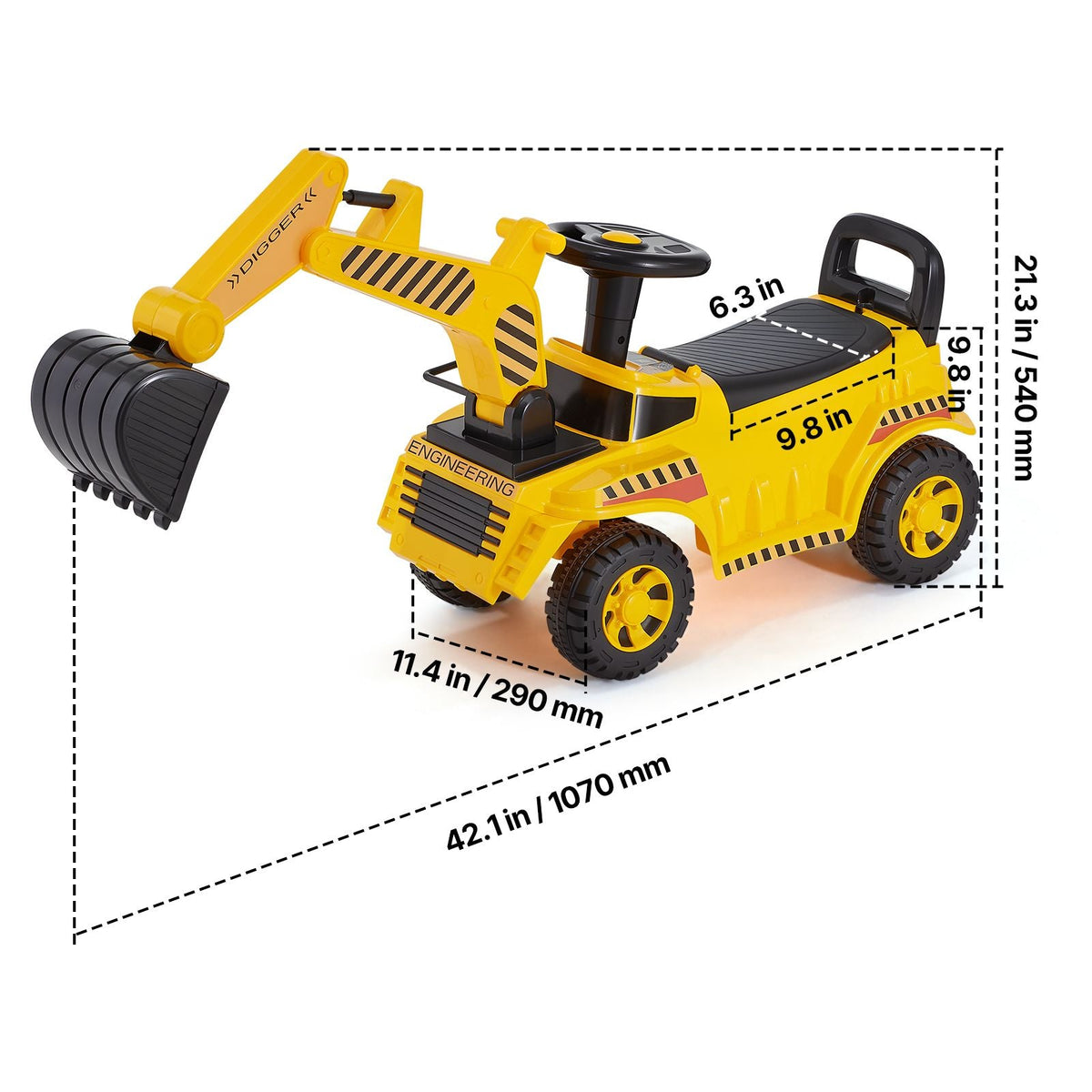 Ride On Toddler Car, Push Car for Toddler 19 to 36 Months, Excavator Digger Toy with Helmet & Music, 55 lbs Load Capacity, Foot-to-Floor Walker for Kids, Yellow