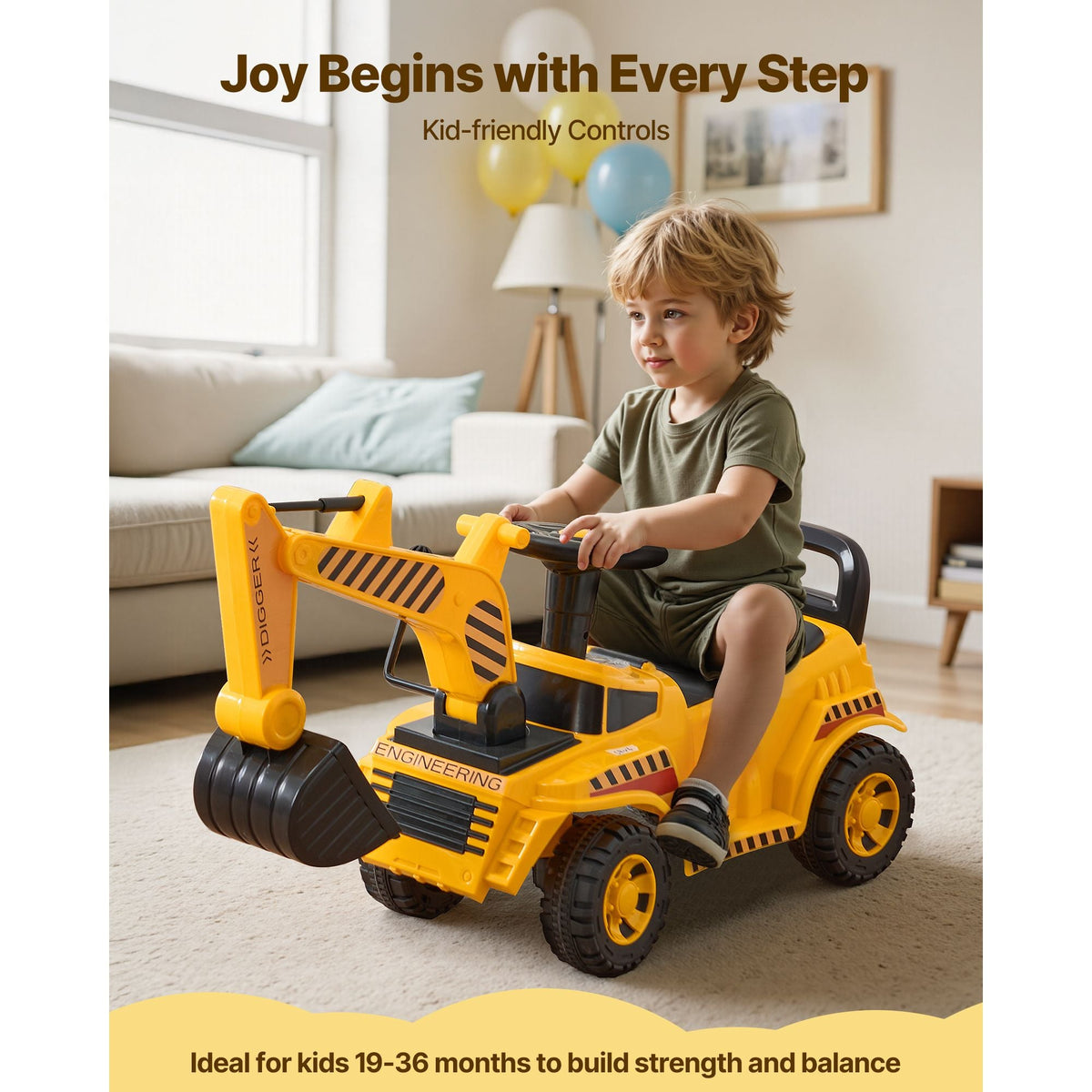 Ride On Toddler Car, Push Car for Toddler 19 to 36 Months, Excavator Digger Toy with Helmet & Music, 55 lbs Load Capacity, Foot-to-Floor Walker for Kids, Yellow