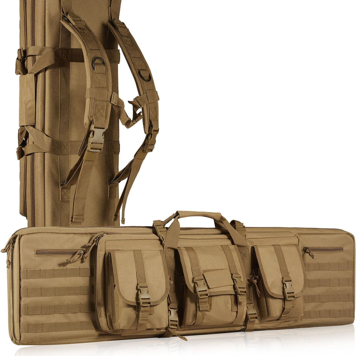Rifle Bag, 36 inch Tactical Double Long Gun Bag, Soft Rifle Case with Lockable Zipper, Portable Handle & Shoulder Strap, 3 Large Storage Pockets Rifle Case for Two 34" Rifles & 2 Pistols, Brown