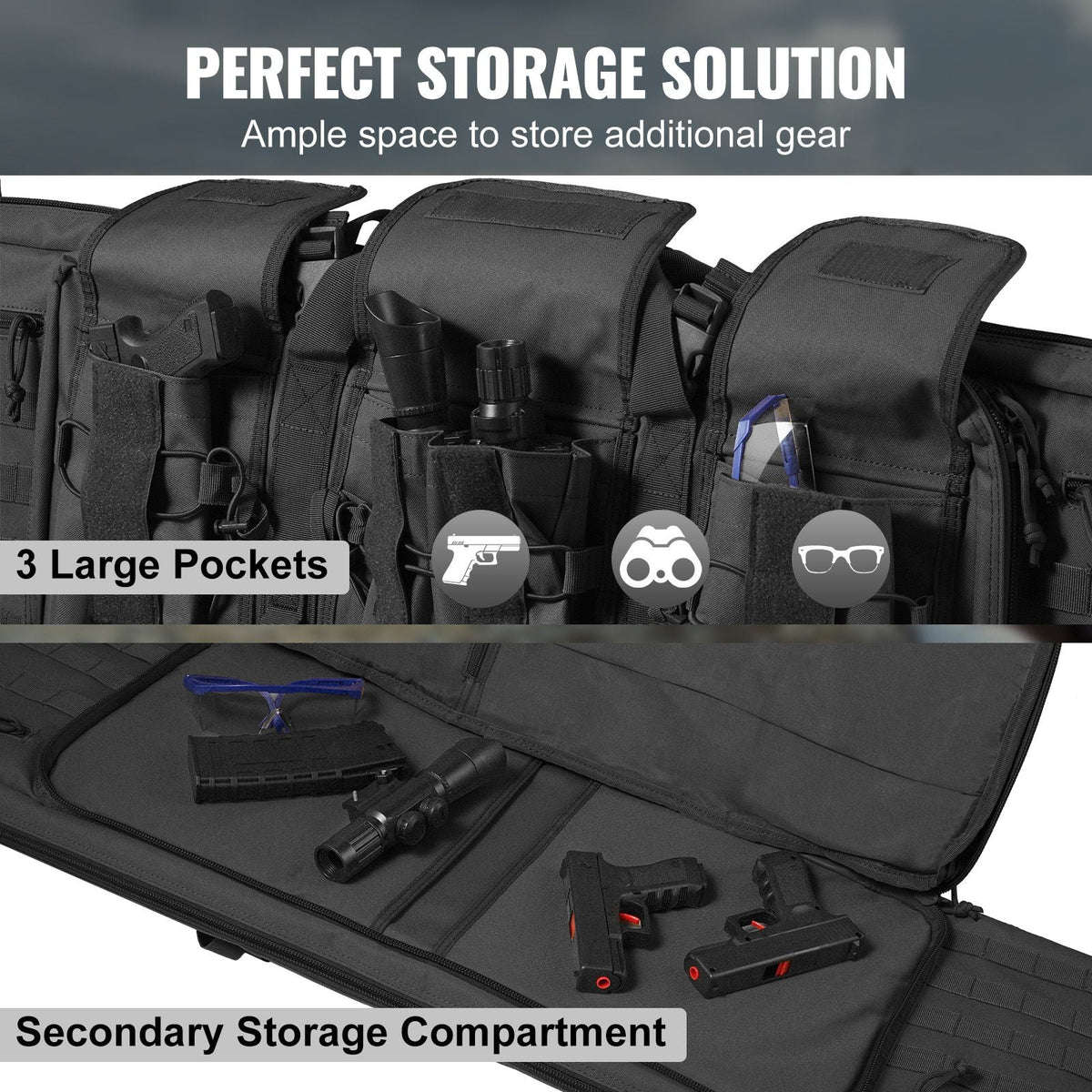 Rifle Bag, 42 inch Tactical Double Long Gun Bag, Soft Rifle Case with Lockable Zipper, Portable Handle & Shoulder Strap, 3 Large Storage Pockets Rifle Case for Two 40" Rifles & 2 Pistols, Black