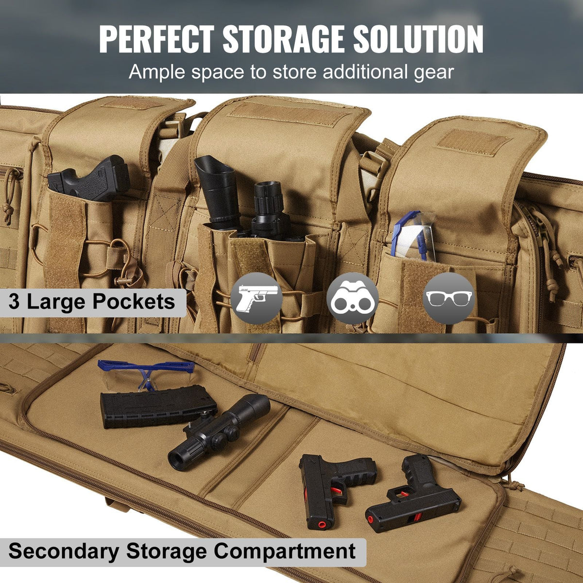 Rifle Bag, 42 inch Tactical Double Long Gun Bag, Soft Rifle Case with Lockable Zipper, Portable Handle & Shoulder Strap, 3 Large Storage Pockets Rifle Case for Two 40" Rifles & 2 Pistols, Brown