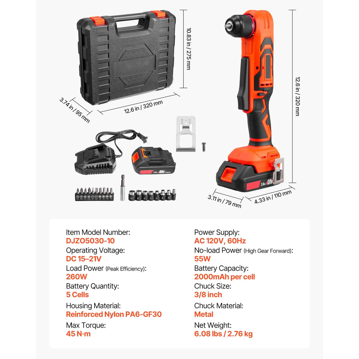 Right Angle Drill, 3/8 Inch Chuck, 90 Degree Cordless Right Angle Drill with Brushless Motor, Battery, Charger, and Belt Clip, Adjustable Speed, for Fastening and Loosening in Tight Spaces