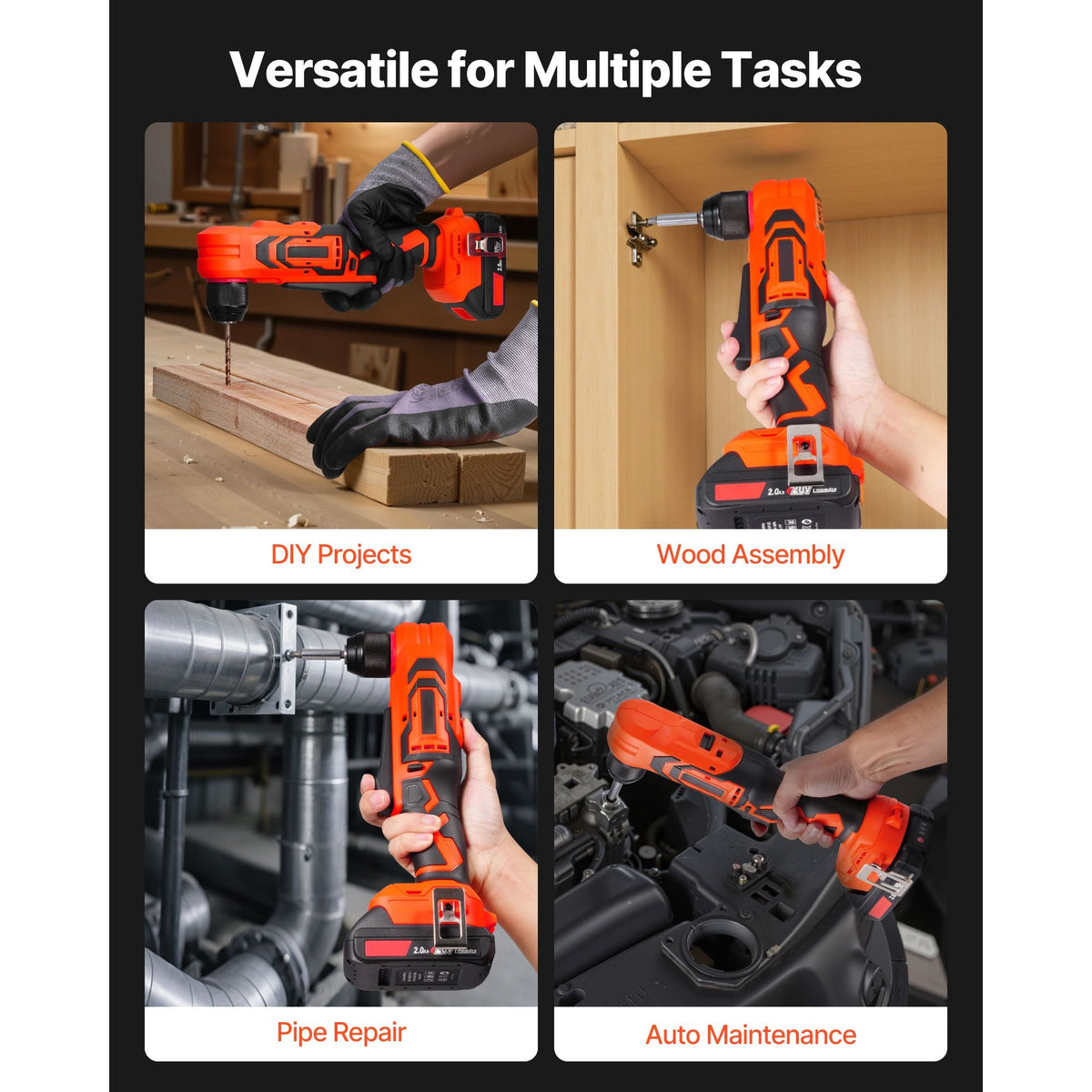 Right Angle Drill, 3/8 Inch Chuck, 90 Degree Cordless Right Angle Drill with Brushless Motor, Battery, Charger, and Belt Clip, Adjustable Speed, for Fastening and Loosening in Tight Spaces