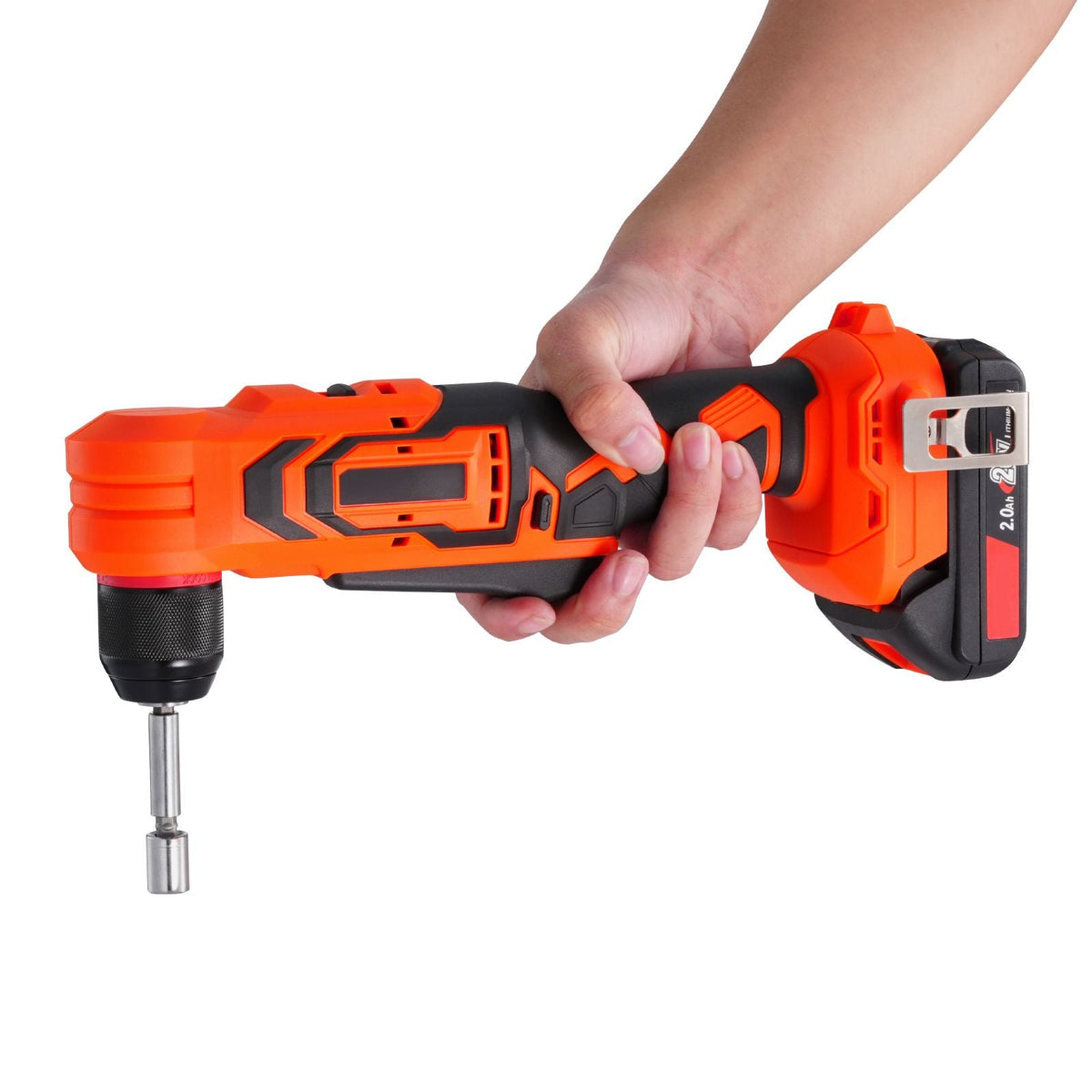 Right Angle Drill, 3/8 Inch Chuck, 90 Degree Cordless Right Angle Drill with Brushless Motor, Battery, Charger, and Belt Clip, Adjustable Speed, for Fastening and Loosening in Tight Spaces