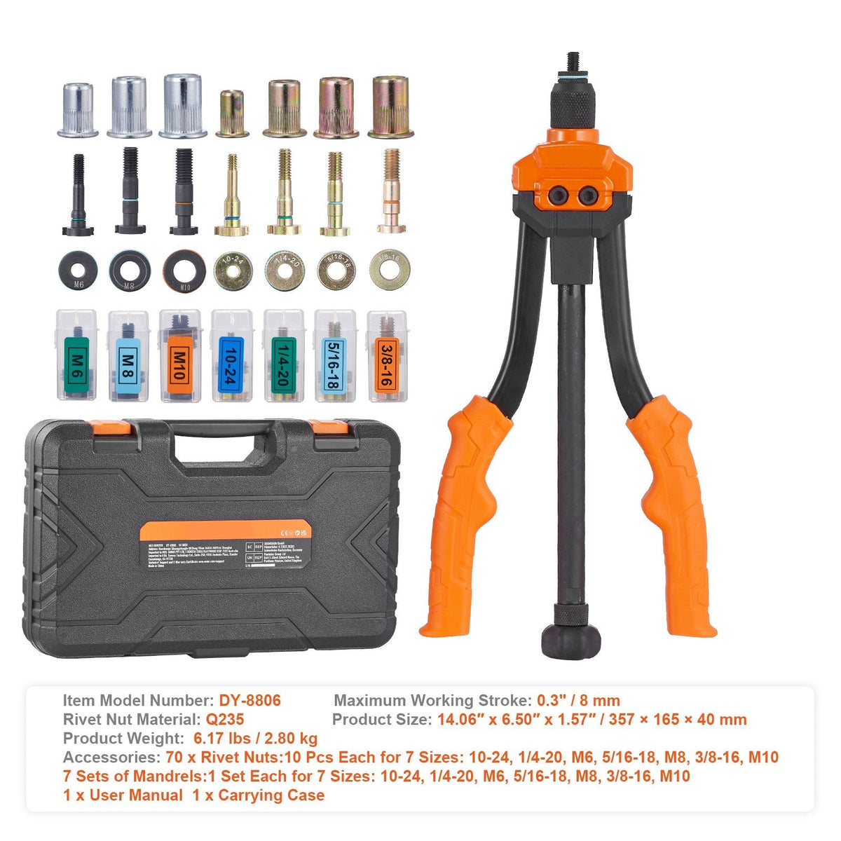Rivet Nut Tool, 14' Rivnut Tool Kit with 7 PCS Metric and SAE Mandrels, 70 PCS Assorted Rivet Nuts, 10-24, 1/4-20, M6, 5/16-18, M8, 3/8-16, M10, Rivet Nut Kit With Rugged Carrying Case