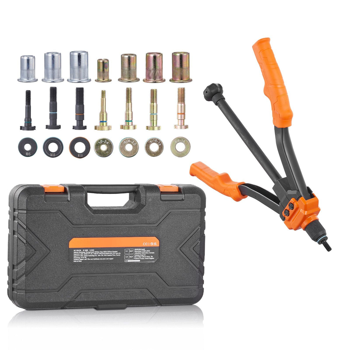 Rivet Nut Tool, 14' Rivnut Tool Kit with 7 PCS Metric and SAE Mandrels, 70 PCS Assorted Rivet Nuts, 10-24, 1/4-20, M6, 5/16-18, M8, 3/8-16, M10, Rivet Nut Kit With Rugged Carrying Case