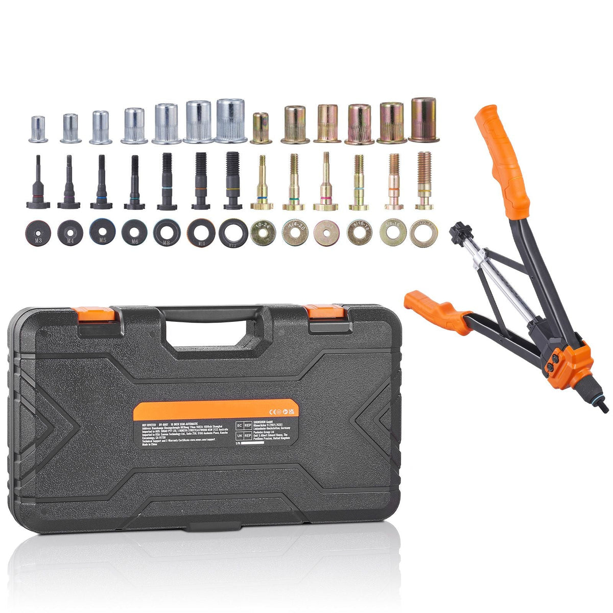 Rivet Nut Tool, 16 inch Rivnut Tool Kit with 13PCS Metric and SAE Mandrels, 186PCS Rivet Nuts, Semi-auto Retraction, M3, M4, M5, M6, M8, M10, M12, 1/4-20, 5/16-18, 3/8-16, 1/2-13, 8-32, 10-24