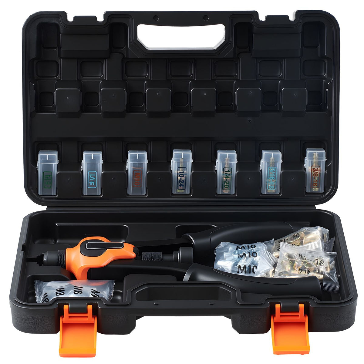 Rivet Nut Tool Kit, 14-Inch Two-Handed Rivnut Tool Kit, with 7 Mandrels and 70 Nuts, Metric and SAE Size M6, M8, M10, 10-24, 1/4-20, 5/16-18, 3/8-16 UNC, with a Carrying Case, for Home, Auto