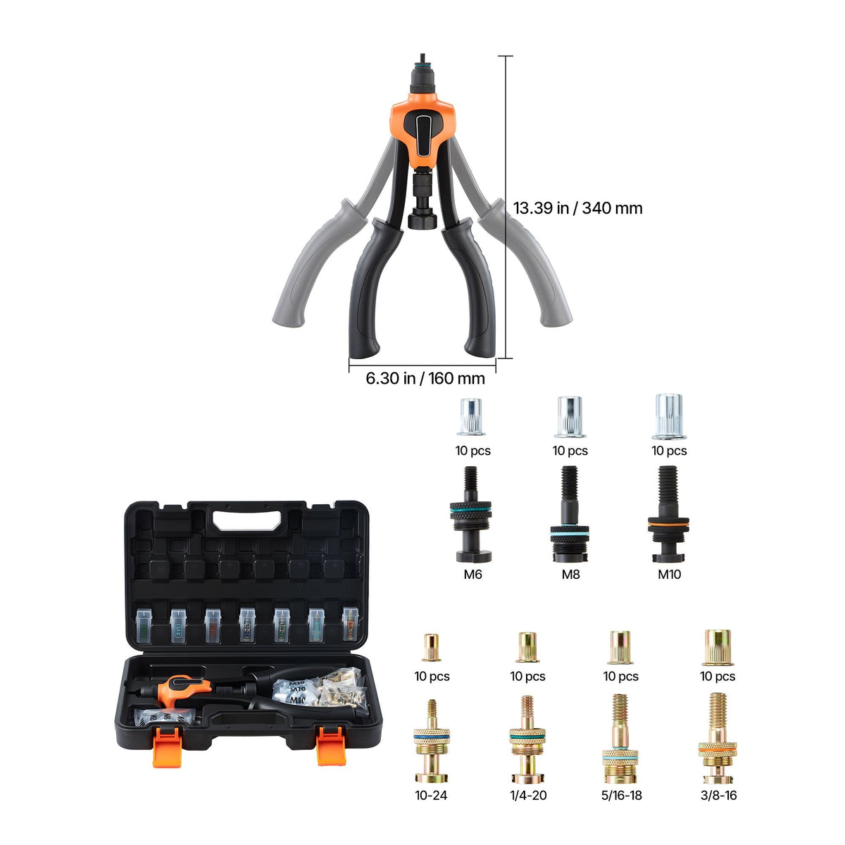 Rivet Nut Tool Kit, 14-Inch Two-Handed Rivnut Tool Kit, with 7 Mandrels and 70 Nuts, Metric and SAE Size M6, M8, M10, 10-24, 1/4-20, 5/16-18, 3/8-16 UNC, with a Carrying Case, for Home, Auto