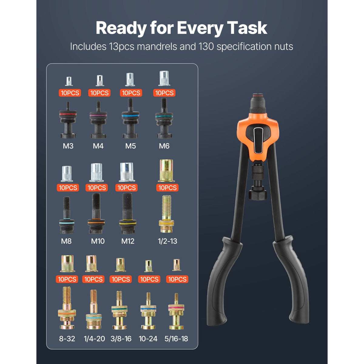 Rivet Nut Tool Kit, 17-Inch Rivnut Tool Kit, with 13 Mandrels and 130 Nuts, Metric and SAE Size M3, M4, M5, M6, M8, M10, M12, 1/2-13, 8-32, 10-24, 1/4-20, 5/16-18, 3/8-16 UNC, a Carrying Case