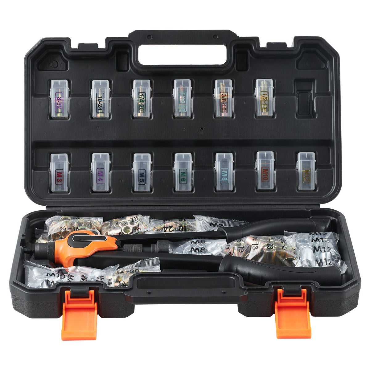 Rivet Nut Tool Kit, 17-Inch Rivnut Tool Kit, with 13 Mandrels and 130 Nuts, Metric and SAE Size M3, M4, M5, M6, M8, M10, M12, 1/2-13, 8-32, 10-24, 1/4-20, 5/16-18, 3/8-16 UNC, a Carrying Case