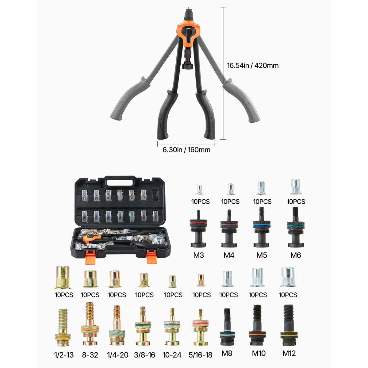 Rivet Nut Tool Kit, 17-Inch Rivnut Tool Kit, with 13 Mandrels and 130 Nuts, Metric and SAE Size M3, M4, M5, M6, M8, M10, M12, 1/2-13, 8-32, 10-24, 1/4-20, 5/16-18, 3/8-16 UNC, a Carrying Case