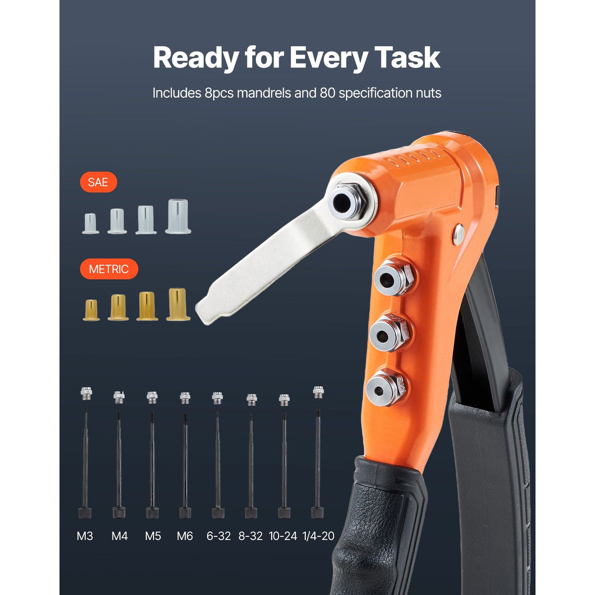 Rivet Nut Tool Kit, 9-Inch One-Handed Rivnut Tool Kit, with 8 Mandrels, a Step Drill Bit and 80 Nuts, Metric and SAE Size M3, M4, M5, M6, 6-32, 8-32, 10-24, 1/4-20 UNC, with a Carrying Case