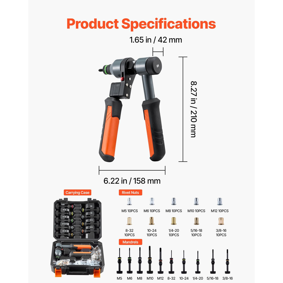 Rivet Nut Tool Kit, 9-Inch Ratchet Rivnut Tool Kit, with 10 Mandrels and 100 Nuts, Metric and SAE Size M5, M6, M8, M10, M12, 8-32, 10-24, 1/4-20, 5/16-18, 3/8-16 UNC, with a Rugged Carrying Case