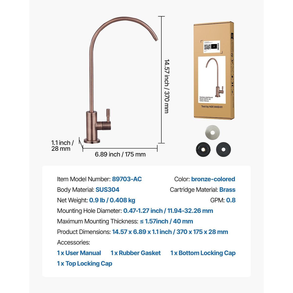 Ro Water Faucet, Lead-Free Stainless Steel Faucet, Drinking Water Faucets with Solid Brass Valve, Anti-Rust & Durability Drinking Water Faucets For Kitchen, Bar Counter, Cafe, Antique Bronze